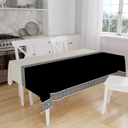 Black White Greek Key Geometric Lines Pattern Tablecloth, Modern Dining Accent Cover