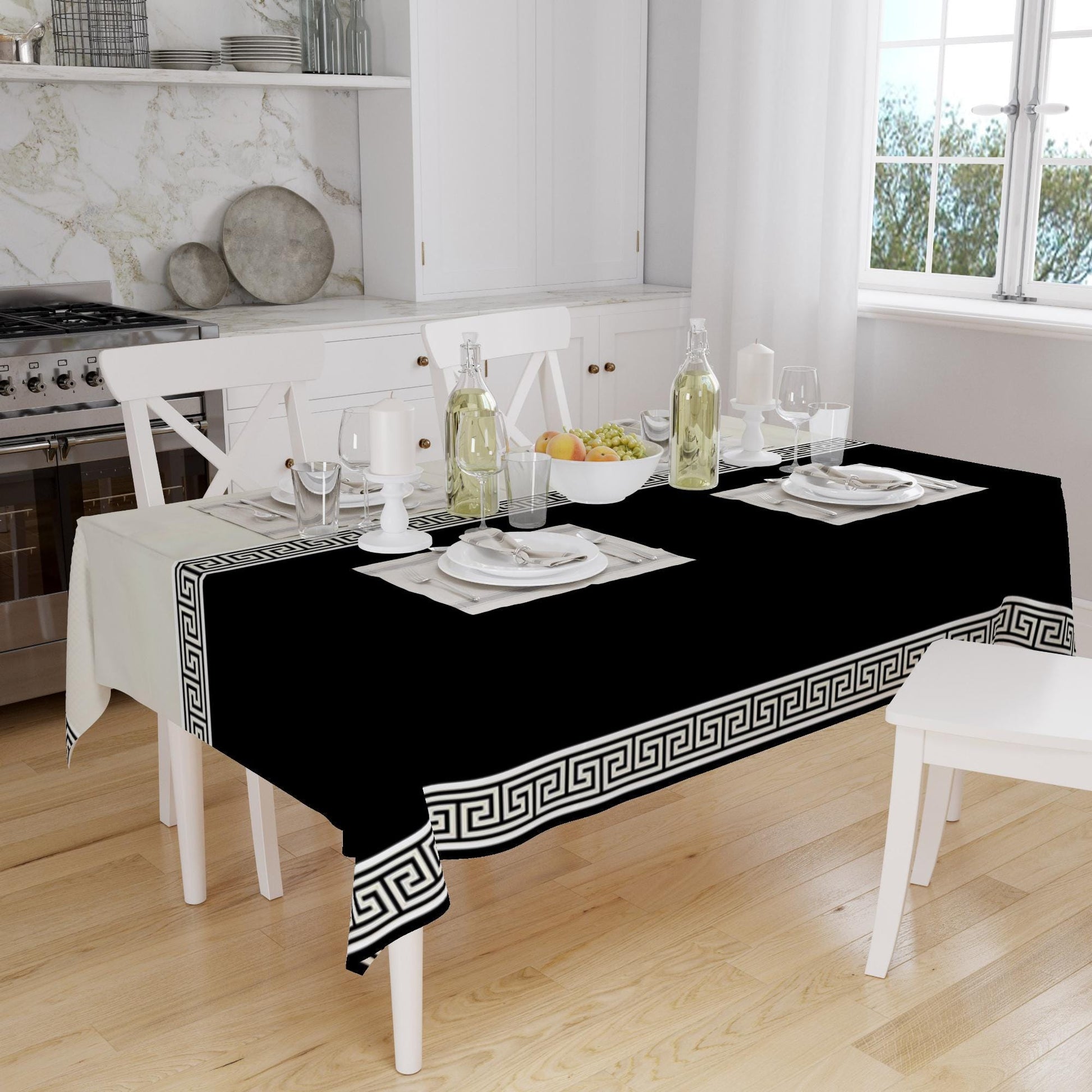 Black White Greek Key Geometric Lines Pattern Tablecloth, Modern Dining Accent Cover
