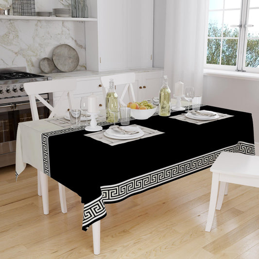 Black White Greek Key Geometric Lines Pattern Tablecloth, Modern Dining Accent Cover