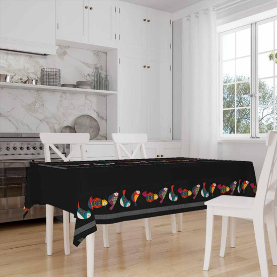Colorful Birds Border Black Background Animal Pattern Tablecloth, Modern Dining Accent Table Cover