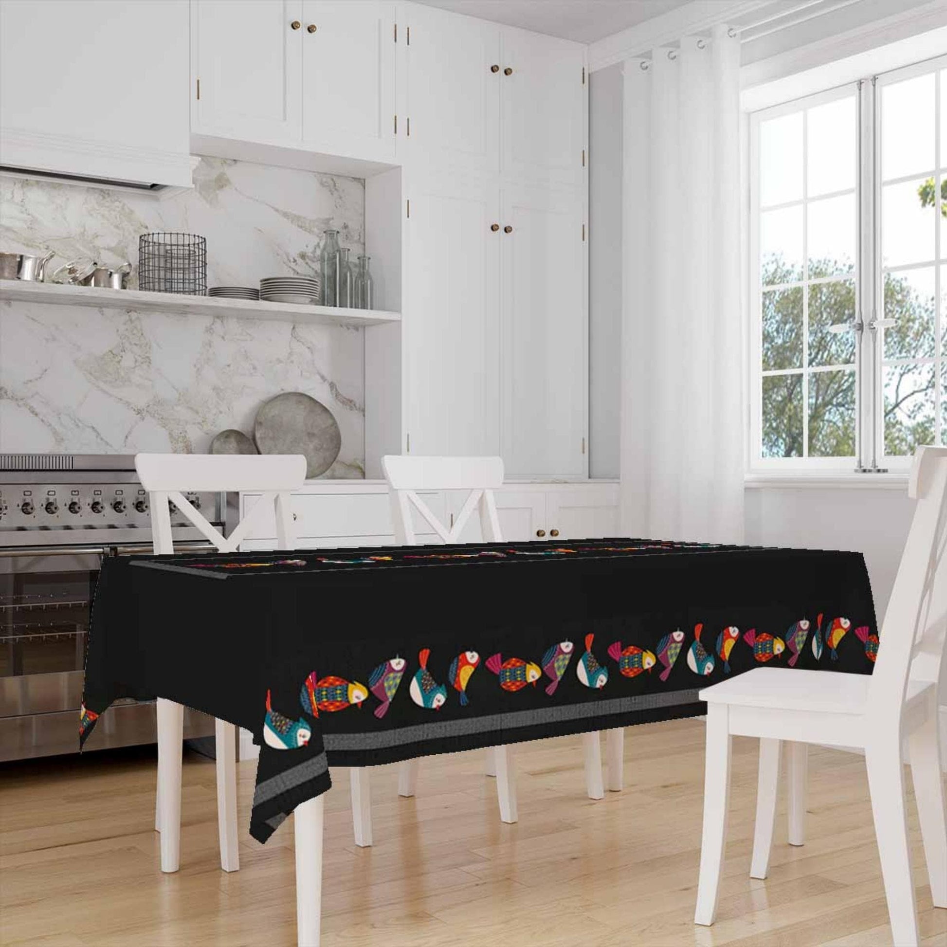 Colorful Birds Border Black Background Animal Pattern Tablecloth, Modern Dining Accent Table Cover