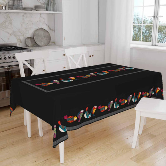 Colorful Birds Border Black Background Animal Pattern Tablecloth, Modern Dining Accent Table Cover