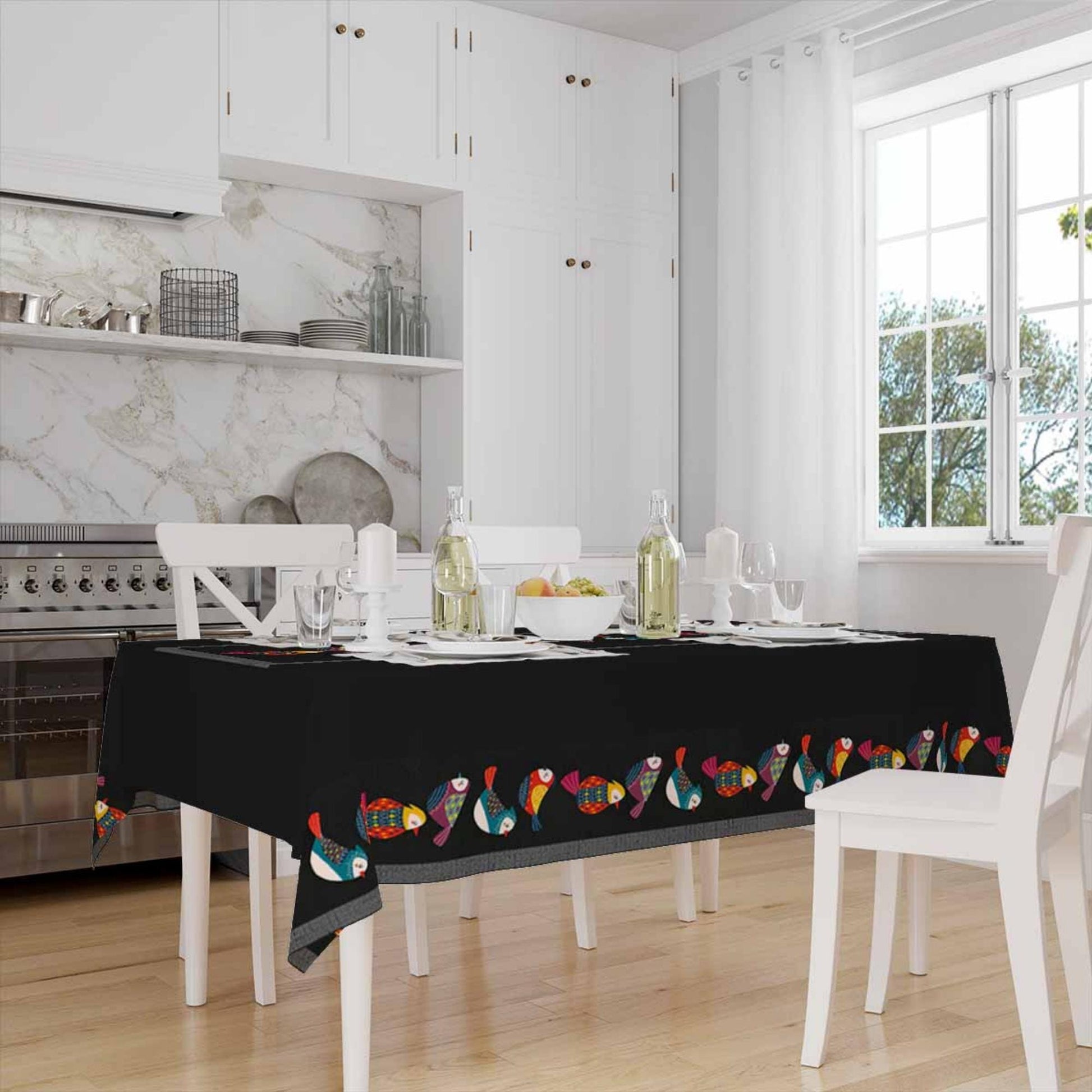 Colorful Birds Border Black Background Animal Pattern Tablecloth, Modern Dining Accent Table Cover