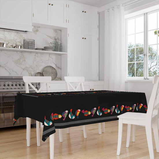 Colorful Birds Border Black Background Animal Pattern Tablecloth, Modern Dining Accent Table Cover