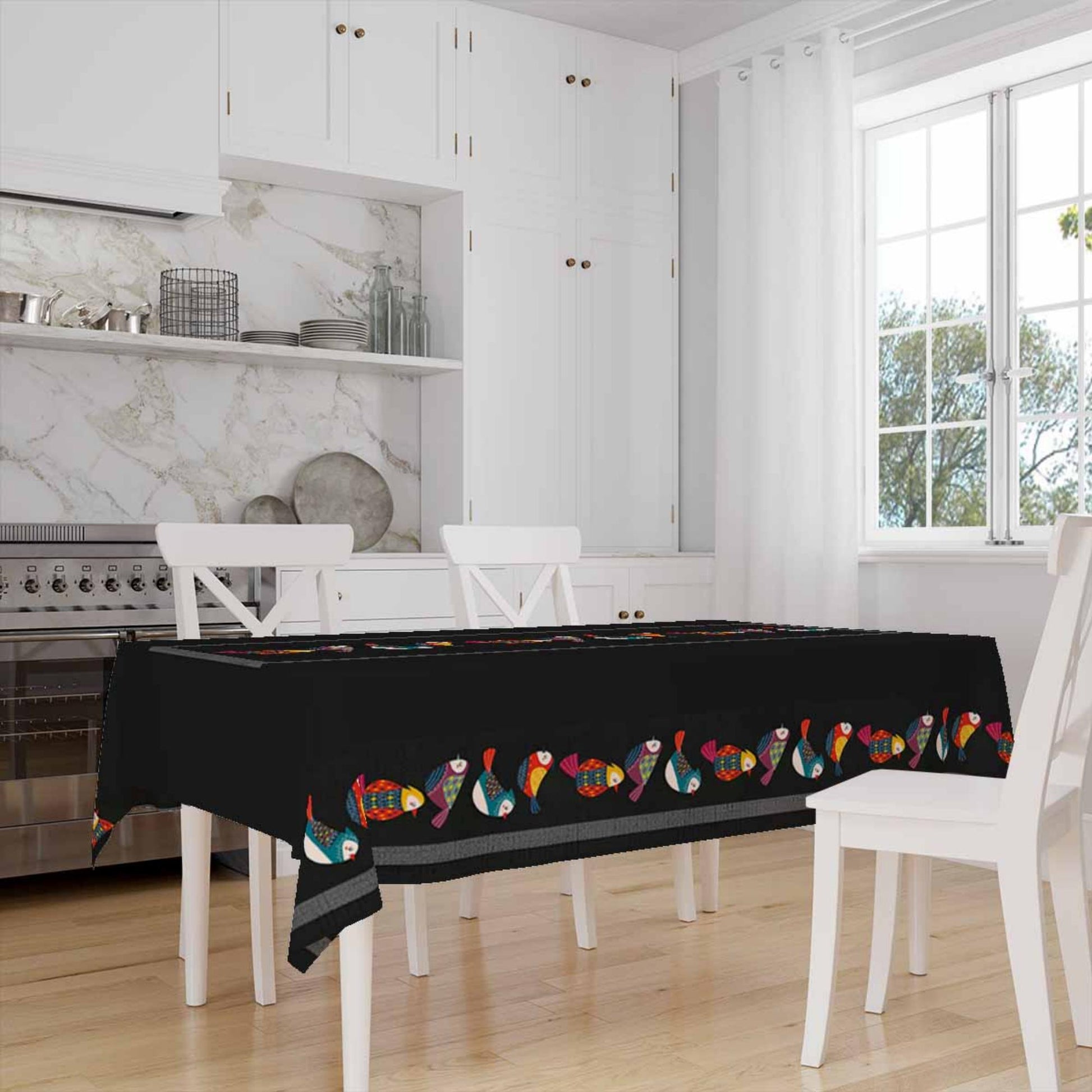 Colorful Birds Border Black Background Animal Pattern Tablecloth, Modern Dining Accent Table Cover