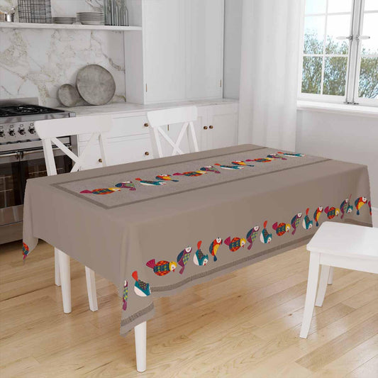 Colorful Birds Border Brown Background Animal Pattern Tablecloth, Modern Dining Accent Table Cover