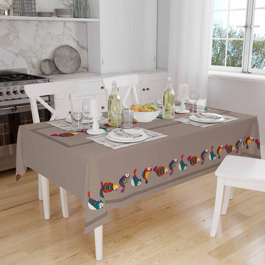 Colorful Birds Border Brown Background Animal Pattern Tablecloth, Modern Dining Accent Table Cover