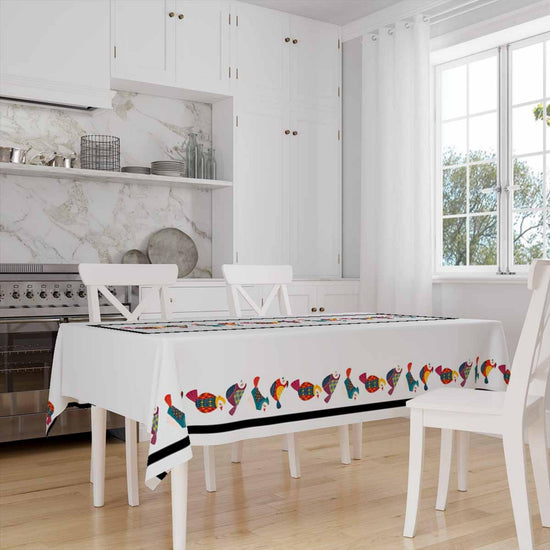Colorful Birds Border White Background Animal Pattern Tablecloth, Modern Dining Accent Table Cover