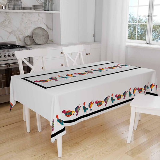 Colorful Birds Border White Background Animal Pattern Tablecloth, Modern Dining Accent Table Cover