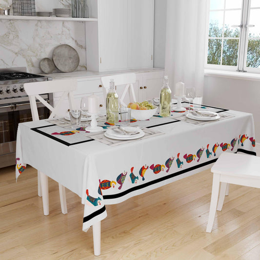 Colorful Birds Border White Background Animal Pattern Tablecloth, Modern Dining Accent Table Cover