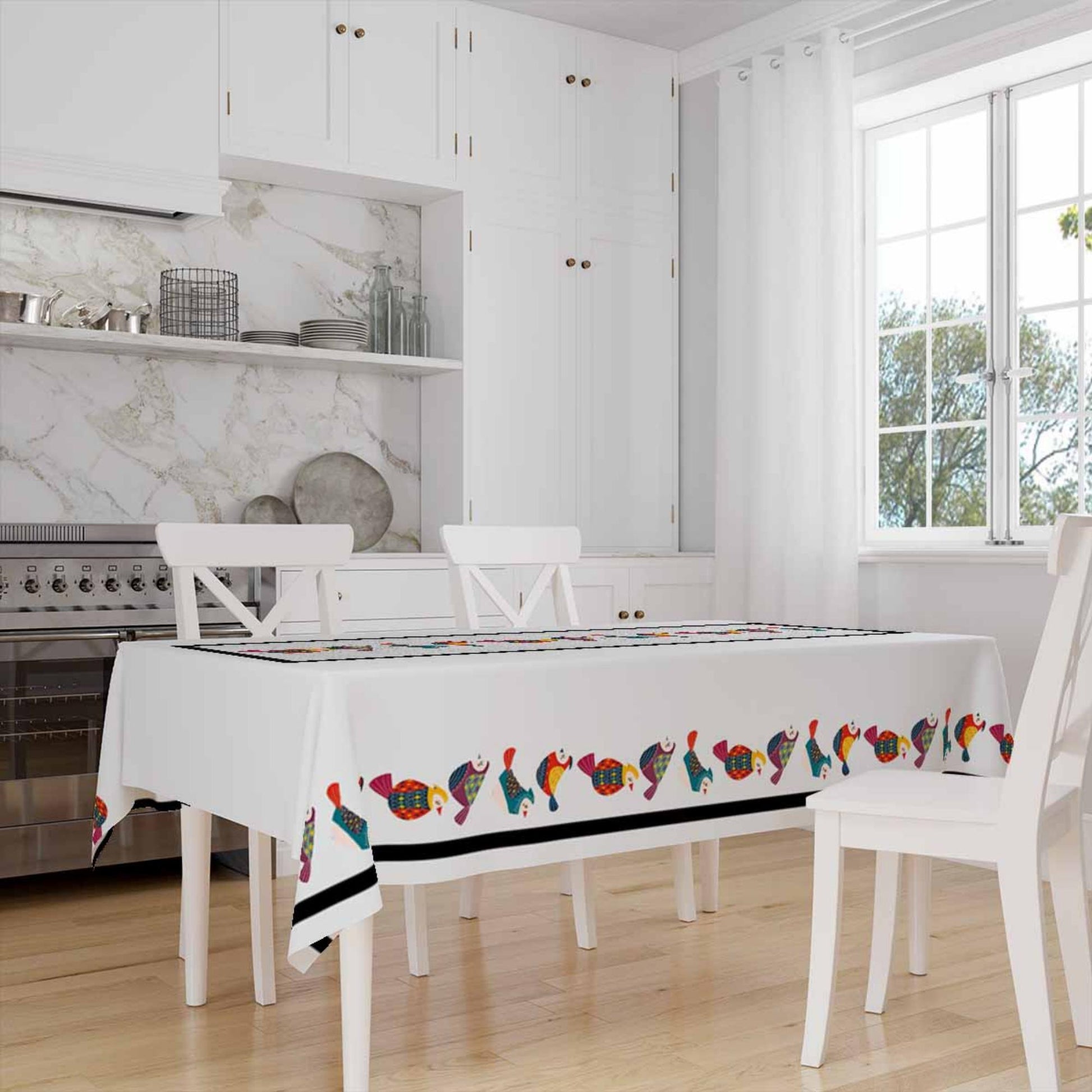 Colorful Birds Border White Background Animal Pattern Tablecloth, Modern Dining Accent Table Cover