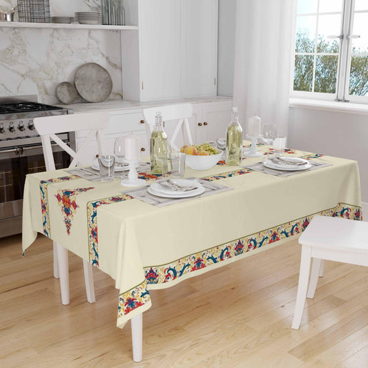 Colorful Ethnic Authentic Retro Ottoman Turkish Border Cream Background Animal Pattern Tablecloth, Modern Dining Accent Table Cover