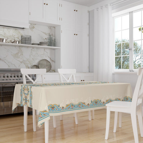 Blue Ethnic Authentic Retro Ottoman Turkish Border Cream Background Animal Pattern Tablecloth, Modern Dining Accent Table Cover