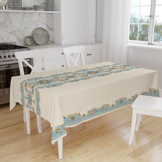 Blue Ethnic Authentic Retro Ottoman Turkish Border Cream Background Animal Pattern Tablecloth, Modern Dining Accent Table Cover