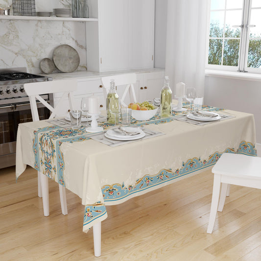 Blue Ethnic Authentic Retro Ottoman Turkish Border Cream Background Animal Pattern Tablecloth, Modern Dining Accent Table Cover