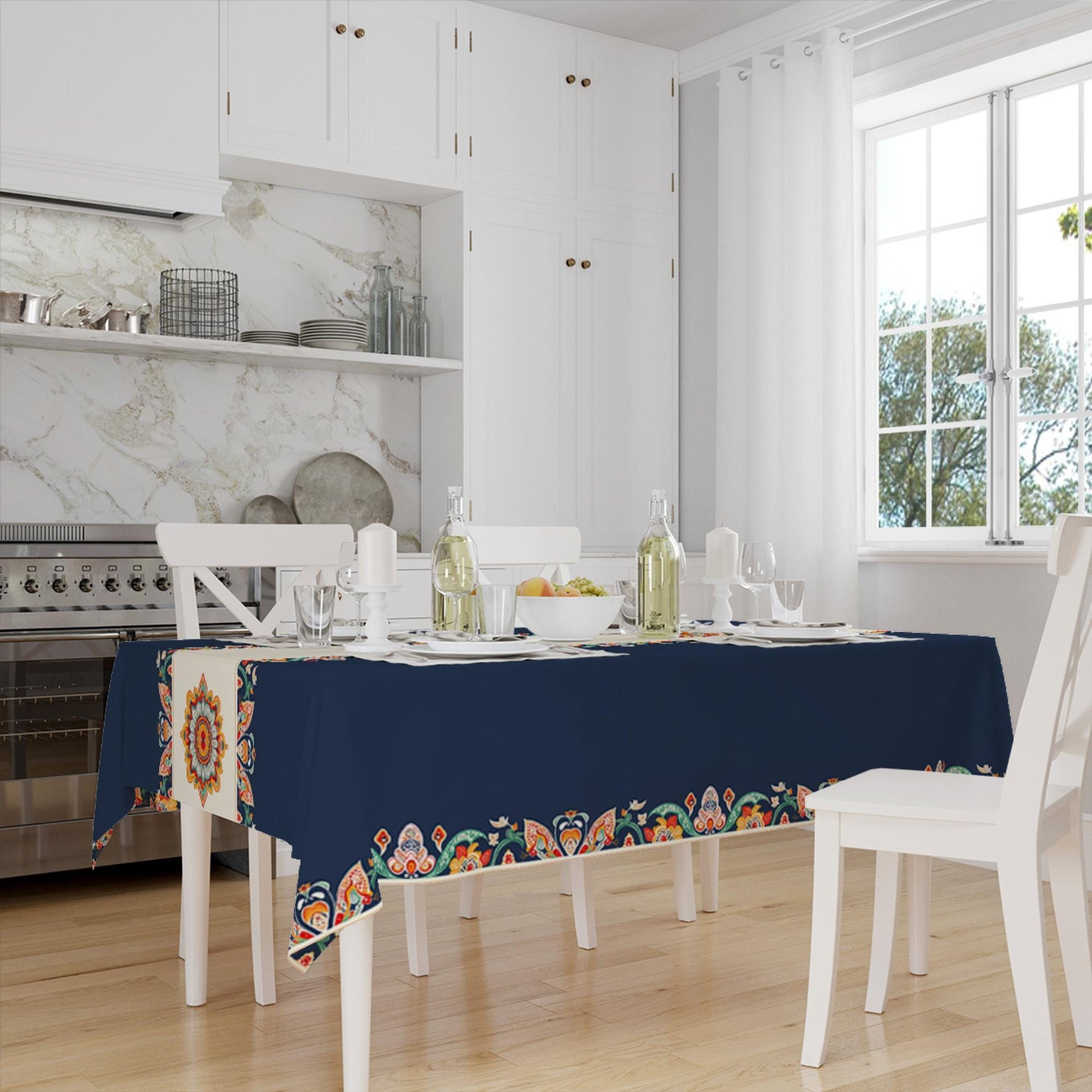 Navy Blue Ethnic Authentic Retro Ottoman Turkish Floral Figures Border Cream Background Pattern Tablecloth, Modern Dining Accent Table Cover