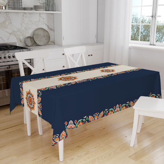 Navy Blue Ethnic Authentic Retro Ottoman Turkish Floral Figures Border Cream Background Pattern Tablecloth, Modern Dining Accent Table Cover