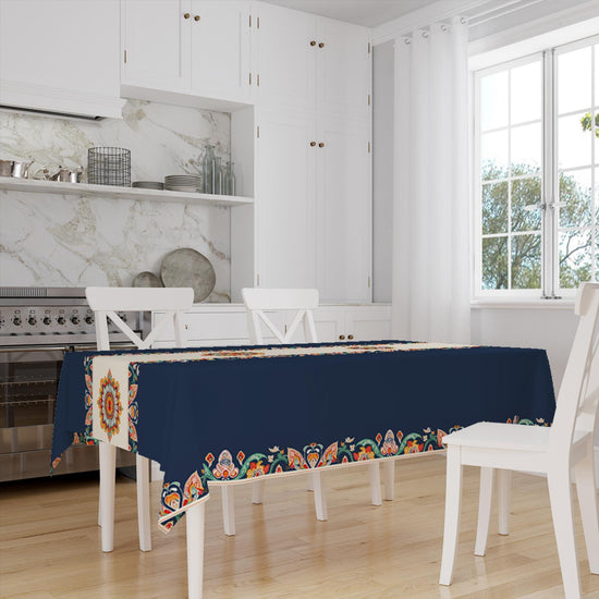 Navy Blue Ethnic Authentic Retro Ottoman Turkish Floral Figures Border Cream Background Pattern Tablecloth, Modern Dining Accent Table Cover