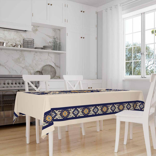 Ethnic Authentic Retro Ottoman Turkish Kilim Tradional Figures Border Cream Background Pattern Tablecloth, Modern Dining Accent Table Cover