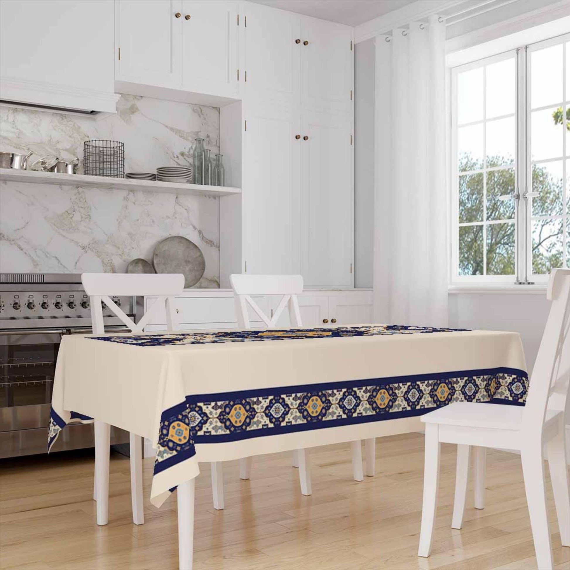 Ethnic Authentic Retro Ottoman Turkish Kilim Tradional Figures Border Cream Background Pattern Tablecloth, Modern Dining Accent Table Cover