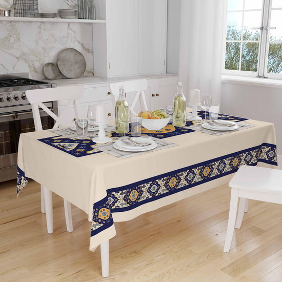 Ethnic Authentic Retro Ottoman Turkish Kilim Tradional Figures Border Cream Background Pattern Tablecloth, Modern Dining Accent Table Cover