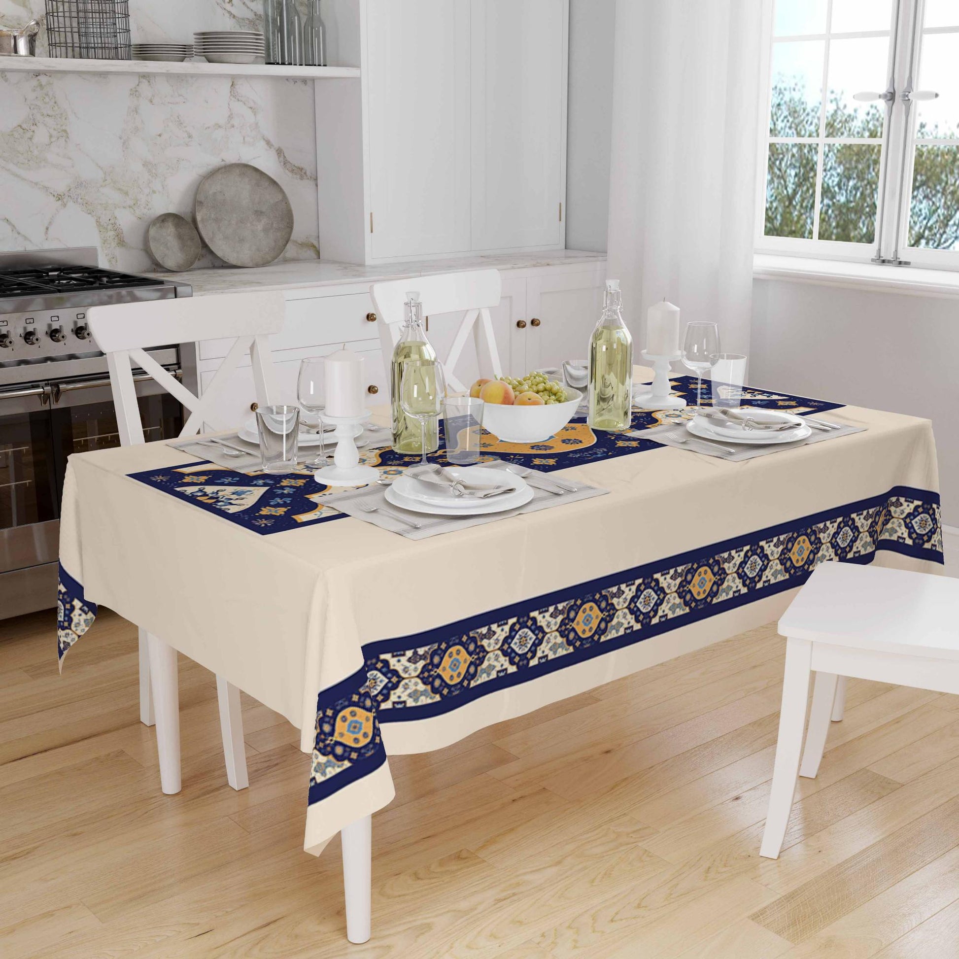Ethnic Authentic Retro Ottoman Turkish Kilim Tradional Figures Border Cream Background Pattern Tablecloth, Modern Dining Accent Table Cover