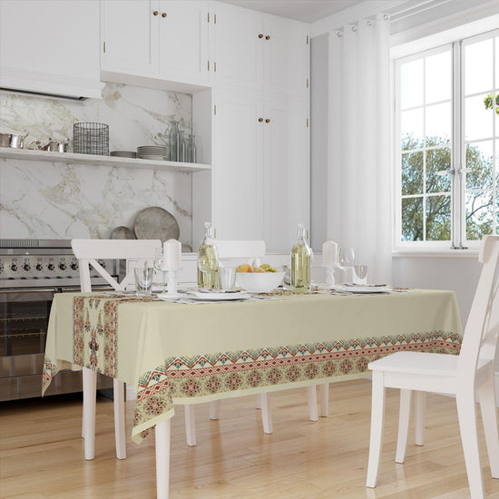 Ethnic Authentic Retro Ottoman Turkish Kilim Tradional Figures Border Cream Background Pattern Tablecloth, Modern Dining Accent Table Cover