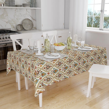 Ethnic Authentic Retro Ottoman Turkish Kilim Tradional Figures Border Cream Background Pattern Tablecloth, Modern Dining Accent Table Cover