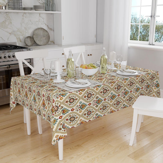 Ethnic Authentic Retro Ottoman Turkish Kilim Tradional Figures Border Cream Background Pattern Tablecloth, Modern Dining Accent Table Cover