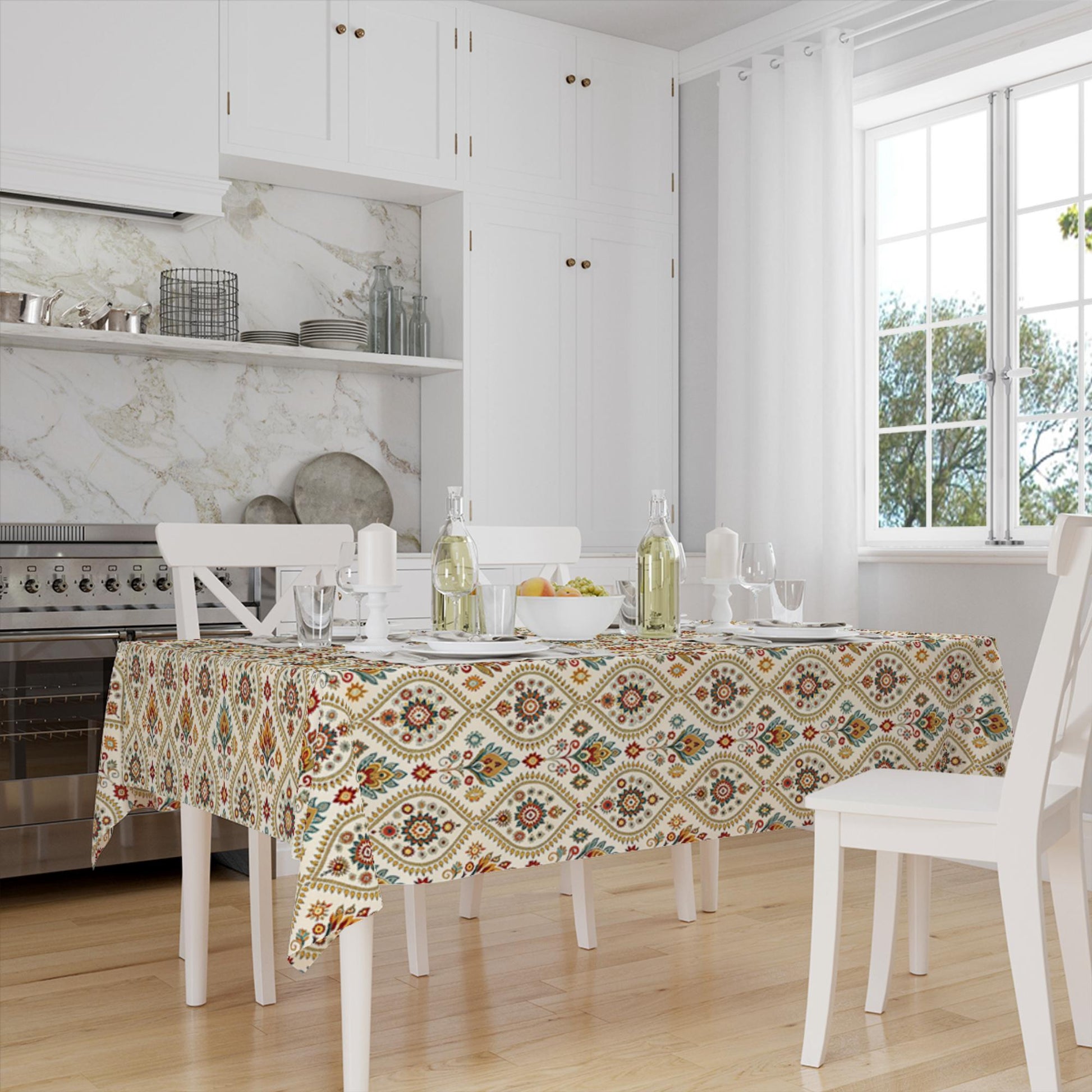 Ethnic Authentic Retro Ottoman Turkish Kilim Tradional Figures Border Cream Background Pattern Tablecloth, Modern Dining Accent Table Cover