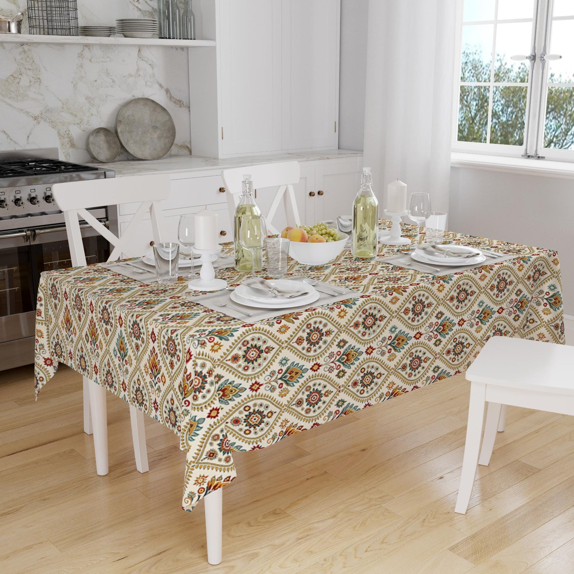 Ethnic Authentic Retro Ottoman Turkish Kilim Tradional Figures Border Cream Background Pattern Tablecloth, Modern Dining Accent Table Cover