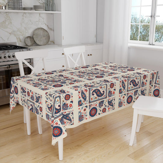Ethnic Authentic Retro Ottoman Turkish Kilim Tradional Figures Border White Background Pattern Tablecloth, Modern Dining Accent Table Cover