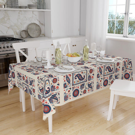 Ethnic Authentic Retro Ottoman Turkish Kilim Tradional Figures Border White Background Pattern Tablecloth, Modern Dining Accent Table Cover