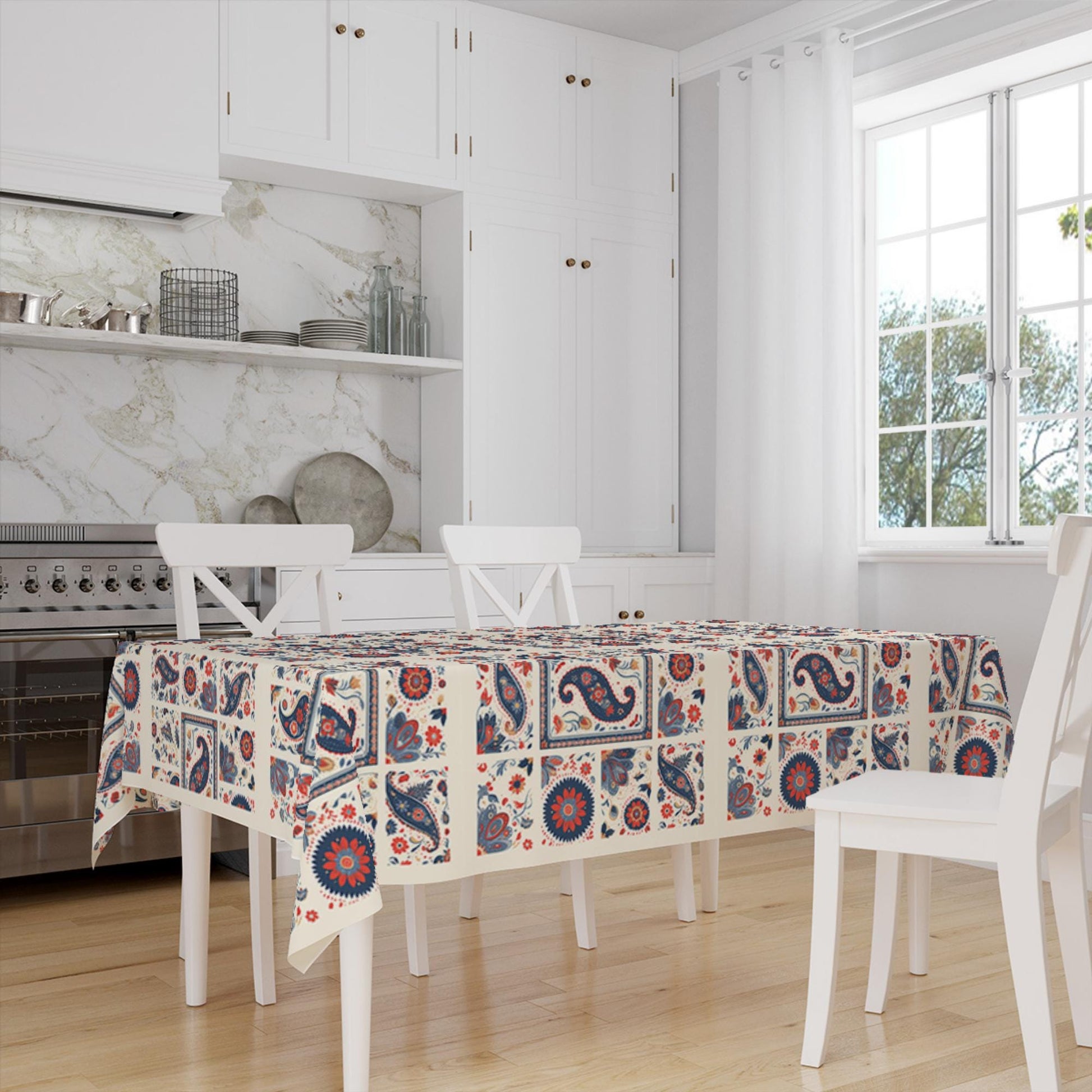Ethnic Authentic Retro Ottoman Turkish Kilim Tradional Figures Border White Background Pattern Tablecloth, Modern Dining Accent Table Cover