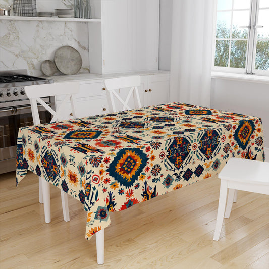 Ethnic Authentic Retro Ottoman Turkish Kilim Aztec Figures Border White Background Pattern Tablecloth, Modern Dining Accent Table Cover