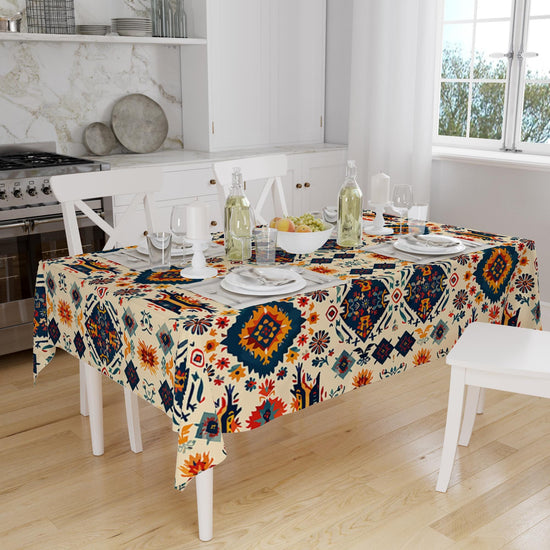 Ethnic Authentic Retro Ottoman Turkish Kilim Aztec Figures Border White Background Pattern Tablecloth, Modern Dining Accent Table Cover