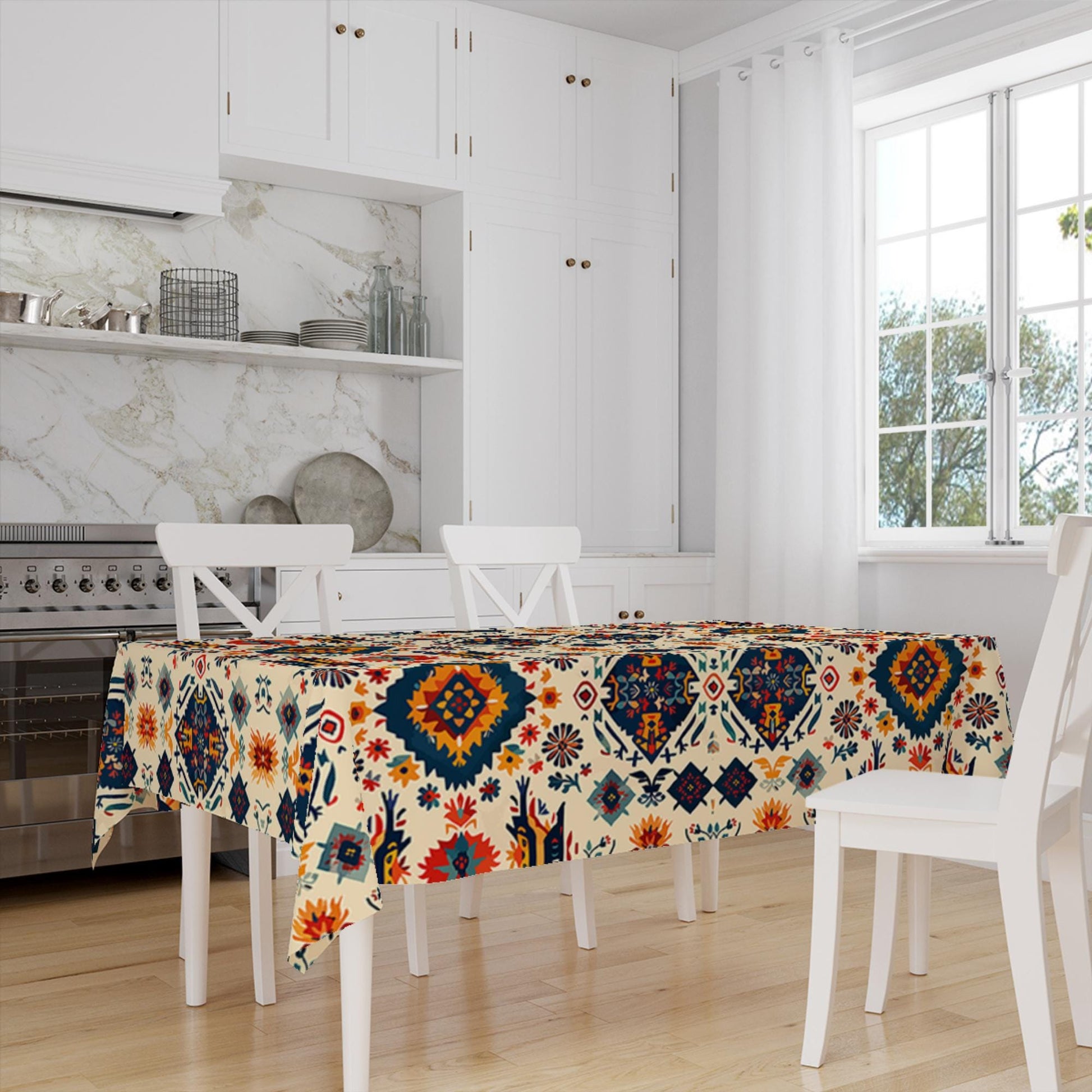 Ethnic Authentic Retro Ottoman Turkish Kilim Aztec Figures Border White Background Pattern Tablecloth, Modern Dining Accent Table Cover