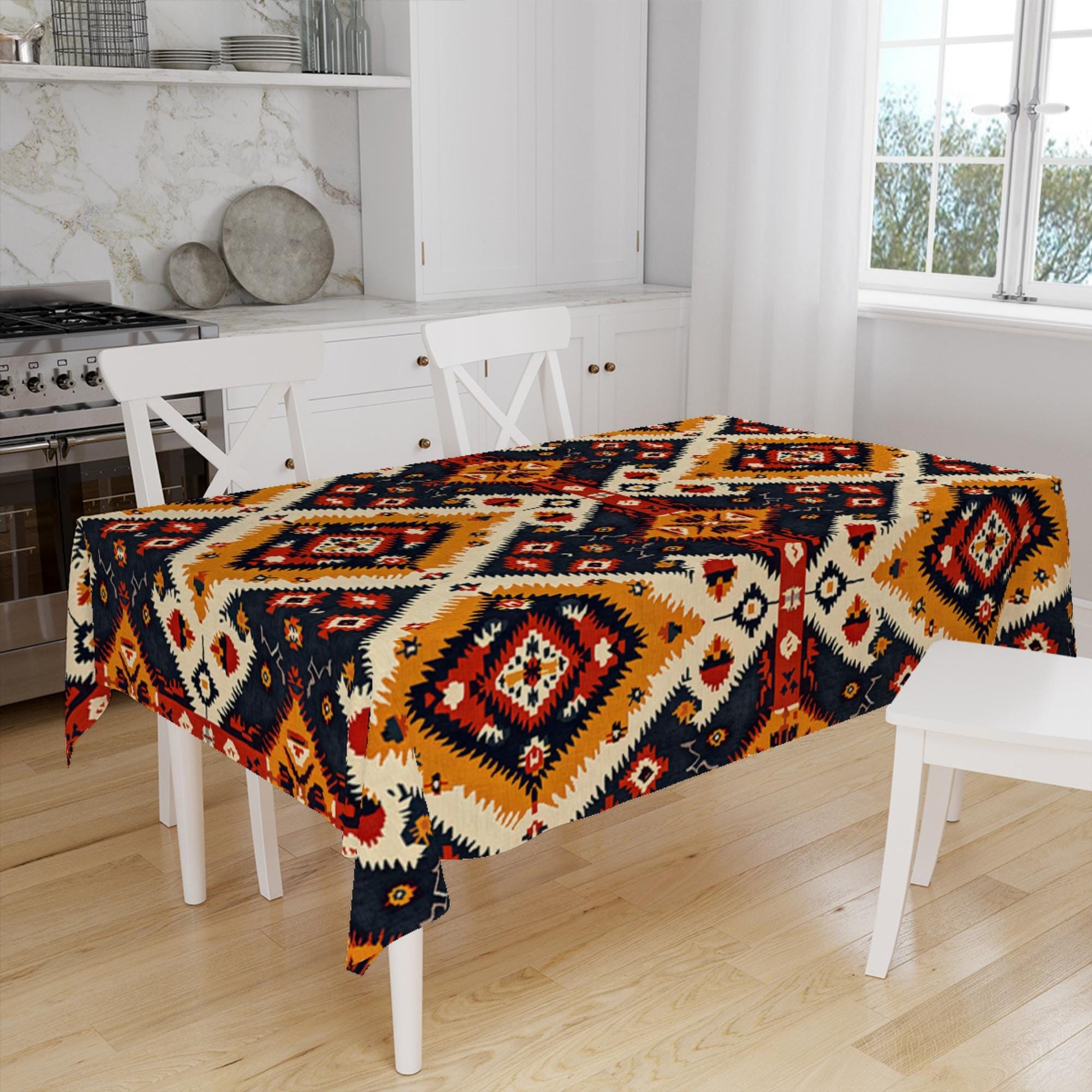 Ethnic Authentic Retro Ottoman Turkish Kilim Aztec Figures Border White Background Pattern Tablecloth, Modern Dining Accent Table Cover