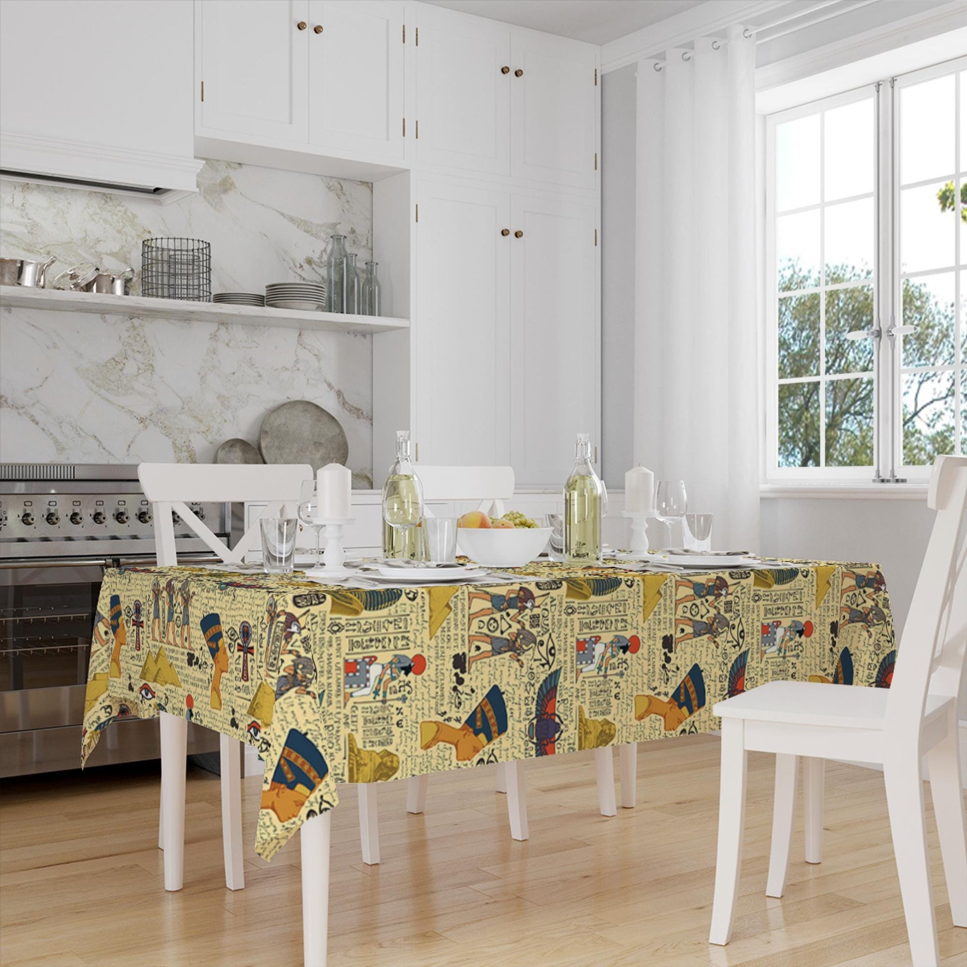 Ethnic Authentic Retro Egyptian Piyramid Figures Border Yellow Background Pattern Tablecloth, Modern Dining Accent Table Cover