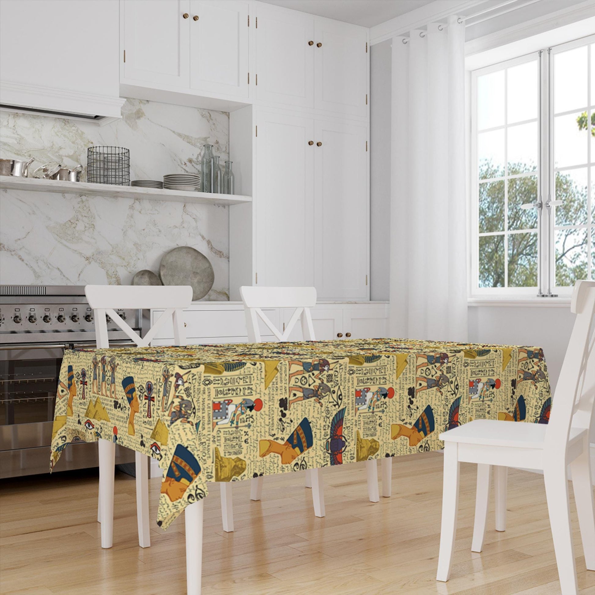 Ethnic Authentic Retro Egyptian Piyramid Figures Border Yellow Background Pattern Tablecloth, Modern Dining Accent Table Cover