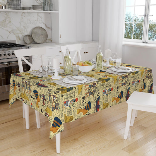 Ethnic Authentic Retro Egyptian Piyramid Figures Border Yellow Background Pattern Tablecloth, Modern Dining Accent Table Cover