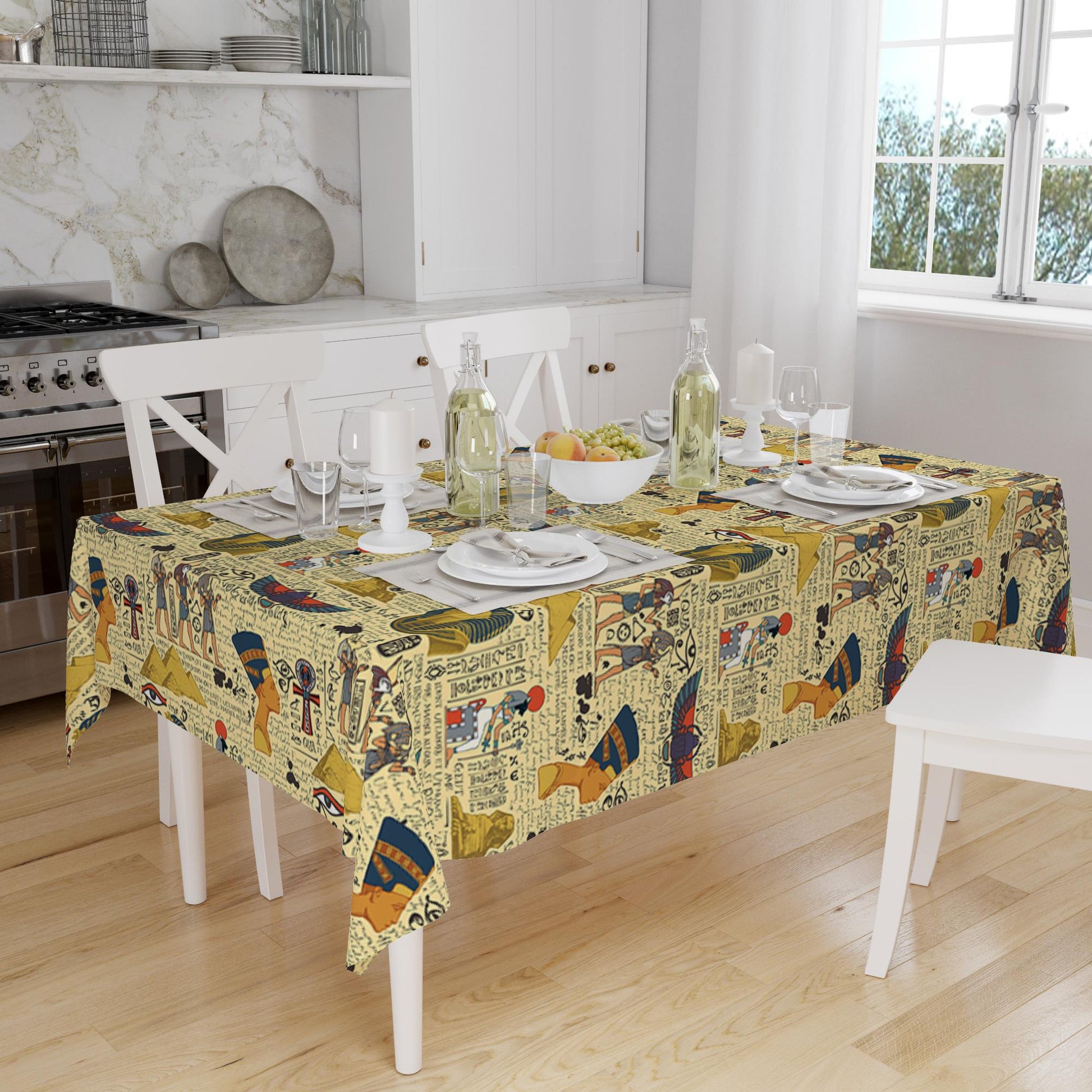 Ethnic Authentic Retro Egyptian Piyramid Figures Border Yellow Background Pattern Tablecloth, Modern Dining Accent Table Cover