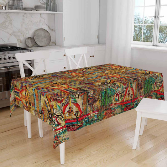 Ethnic Authentic Retro Egyptian Pharaoh Pyramid Figures Border Yellow Background Pattern Tablecloth, Modern Dining Accent Table Cover