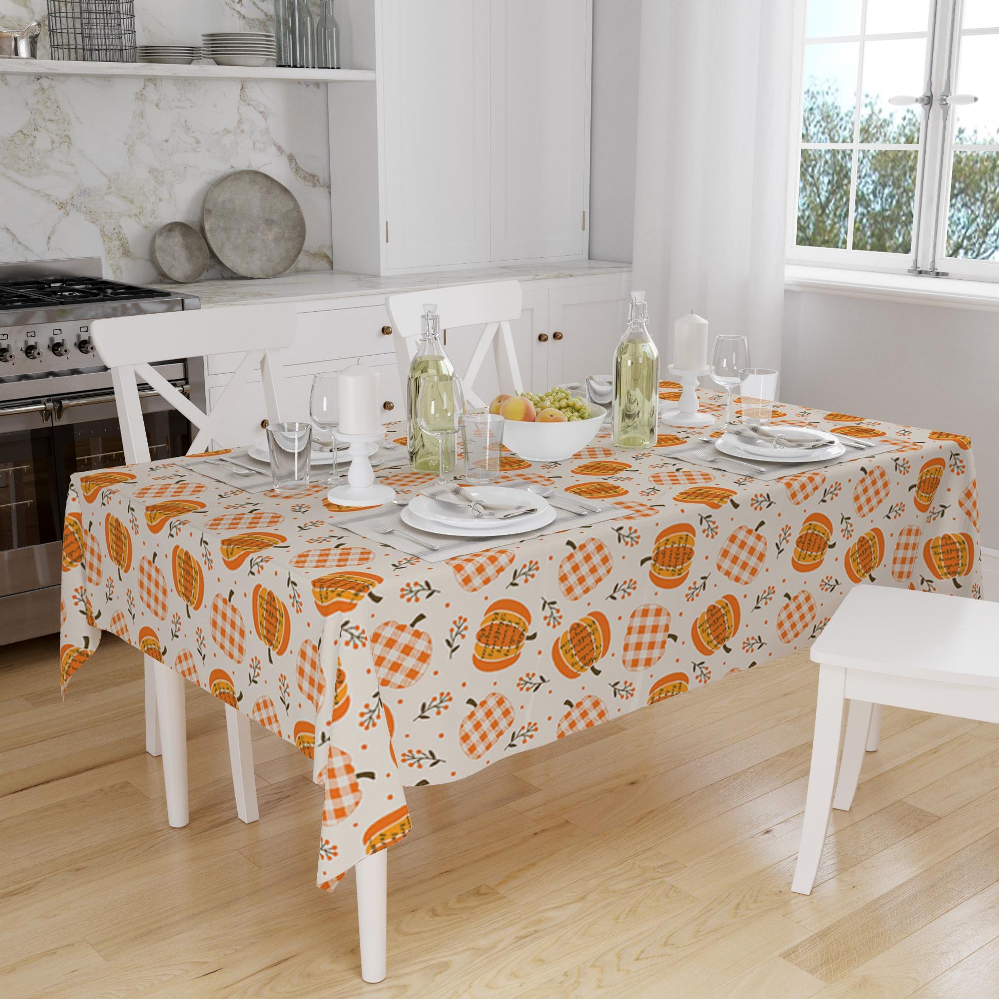 Orange Autumn Pumpkins Vegetables Halloween Figures Border Cream Background Pattern Tablecloth, Modern Dining Accent Table Cover