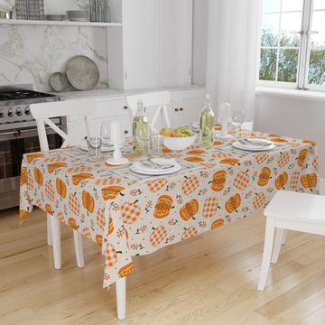 Orange Autumn Pumpkins Vegetables Halloween Figures Border Cream Background Pattern Tablecloth, Modern Dining Accent Table Cover