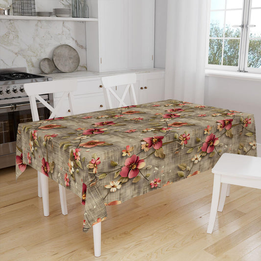 Red Roses Botanical Floral Flowers Branches Brown Background Pattern Tablecloth, Modern Dining Accent Table Cover