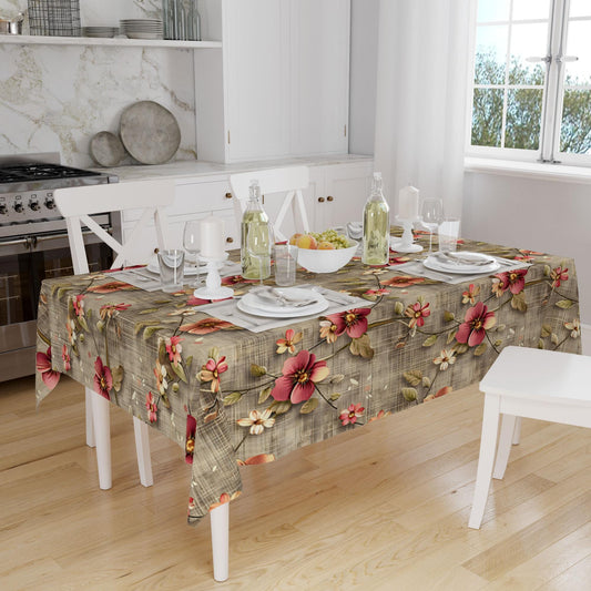 Red Roses Botanical Floral Flowers Branches Brown Background Pattern Tablecloth, Modern Dining Accent Table Cover