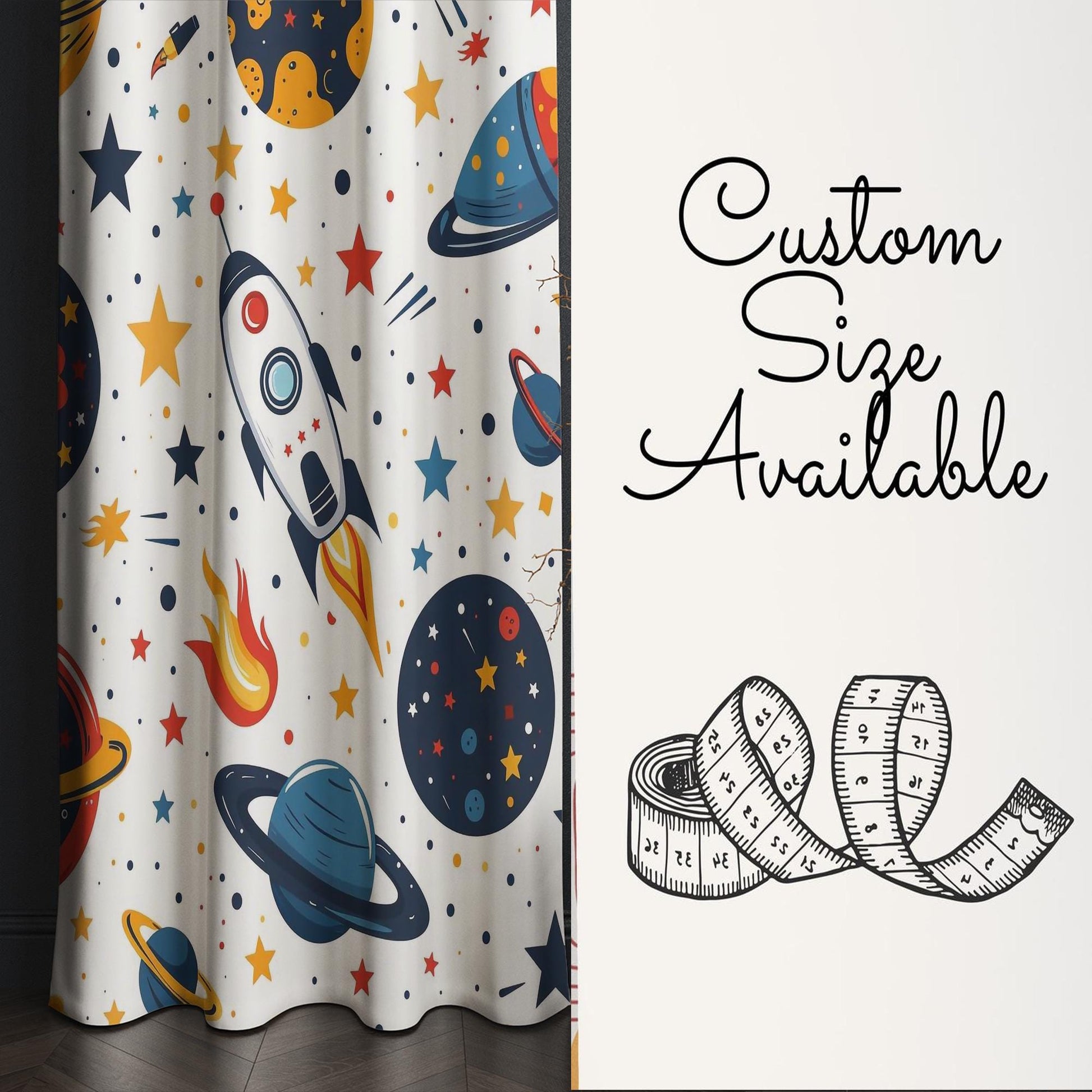 Space Galaxy Planets Spaceship Rocket Nursery Kids Curtains & Nursery Window Drapes, Custom Size, Gift Pillow Covers for Toddler Room Decor