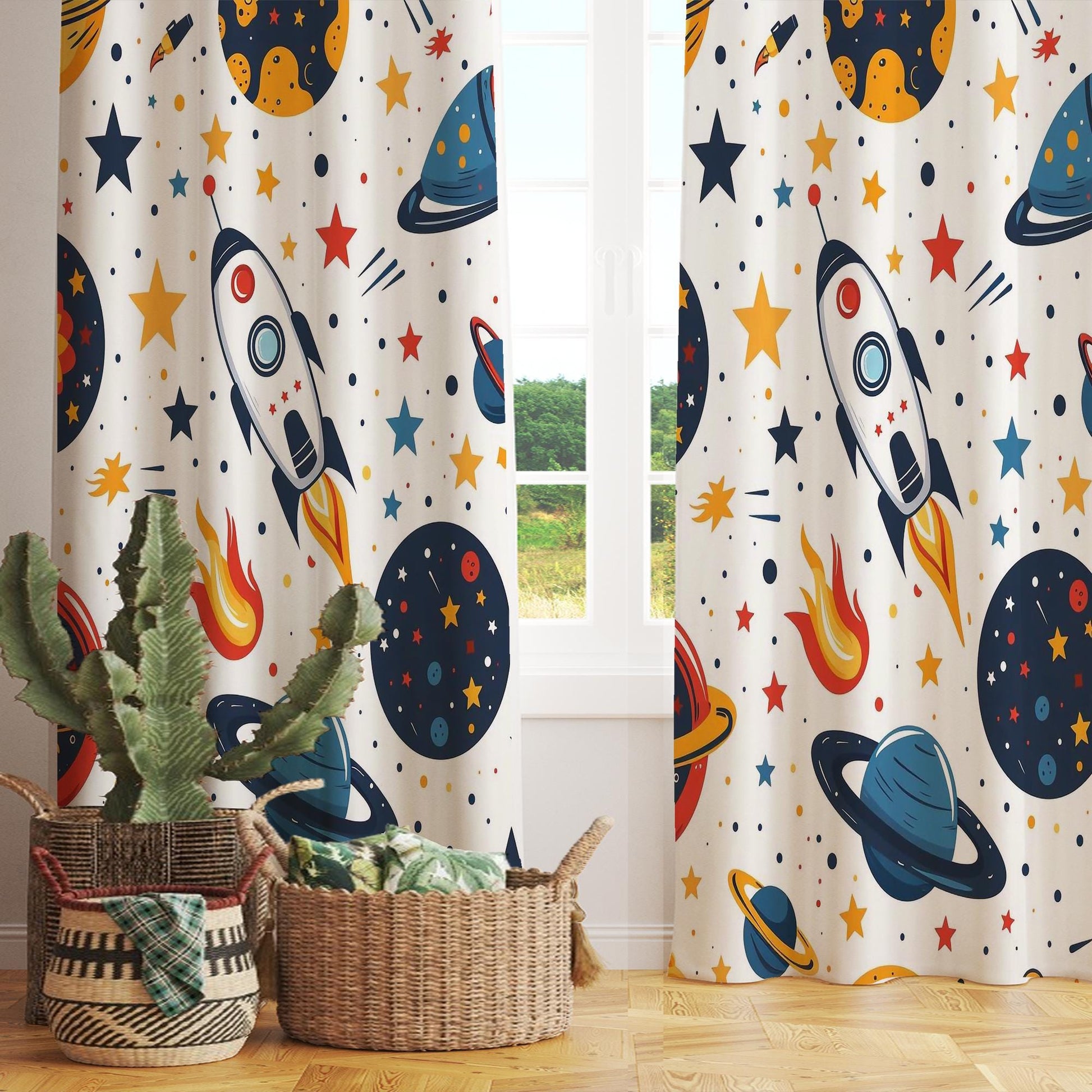 Space Galaxy Planets Spaceship Rocket Nursery Kids Curtains & Nursery Window Drapes, Custom Size, Gift Pillow Covers for Toddler Room Decor