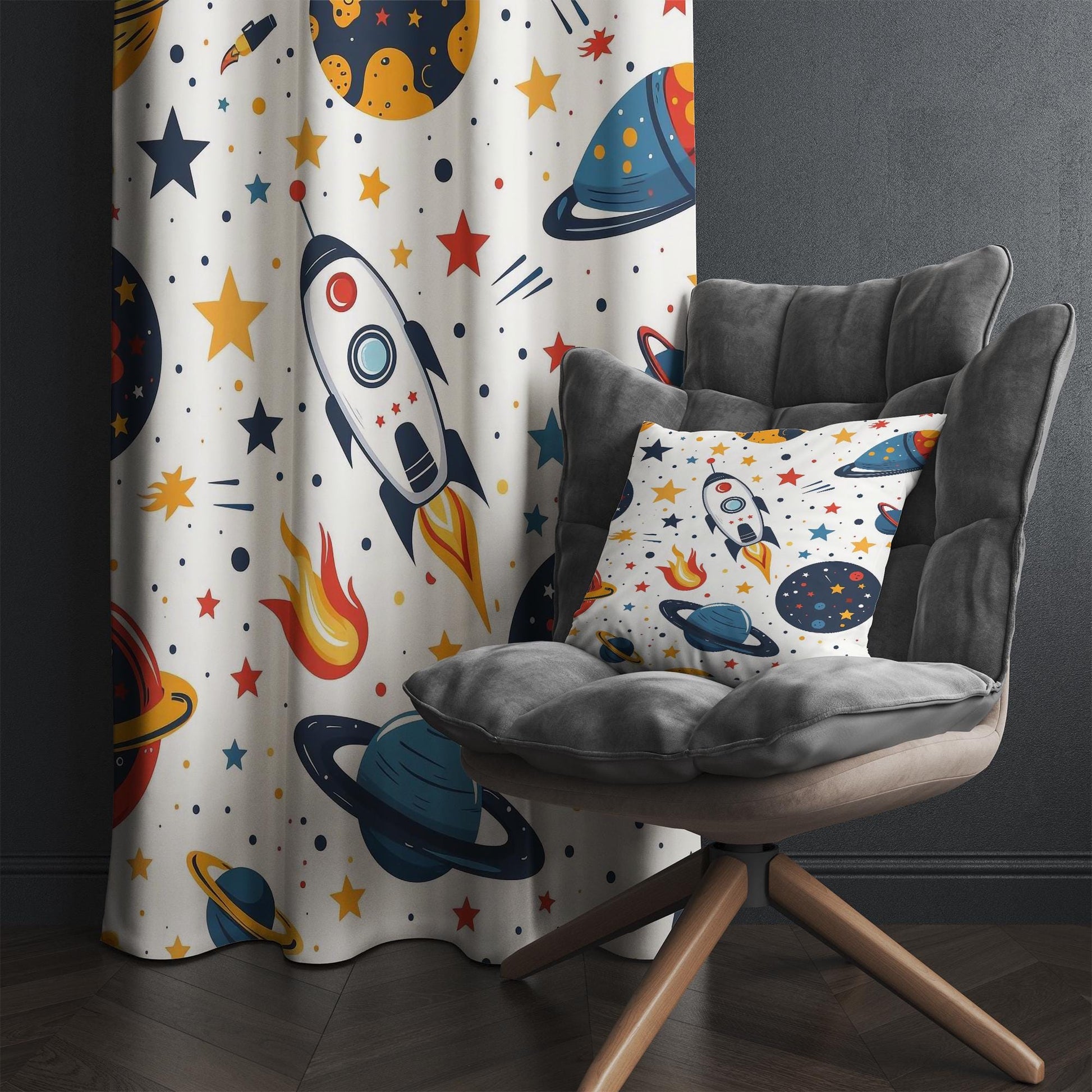 Space Galaxy Planets Spaceship Rocket Nursery Kids Curtains & Nursery Window Drapes, Custom Size, Gift Pillow Covers for Toddler Room Decor